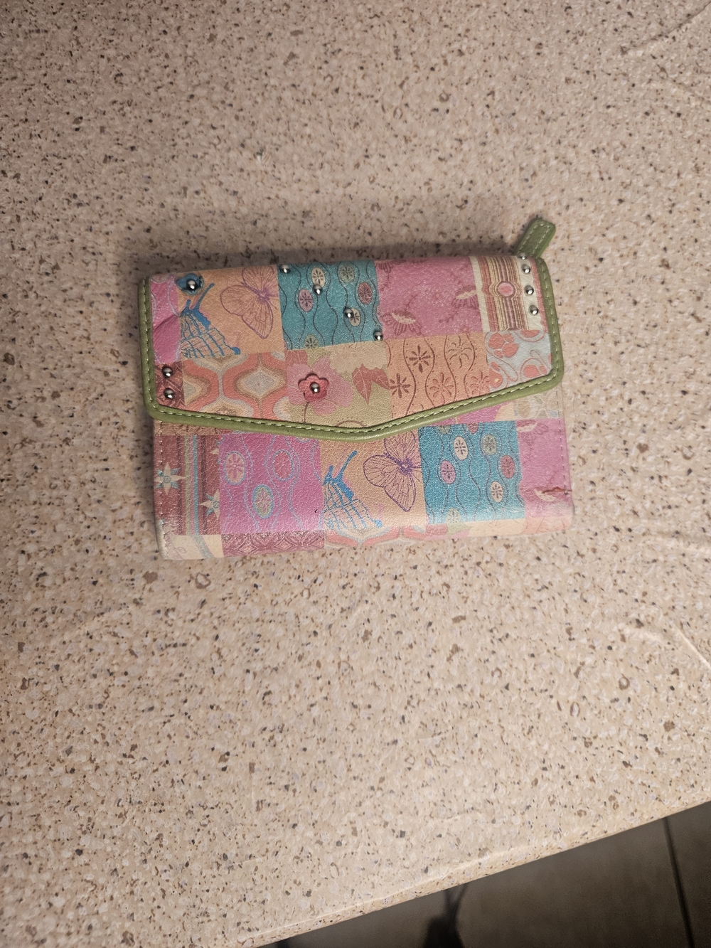 Multicolor Patchwork Floral Women's Wallet with Green Trim
